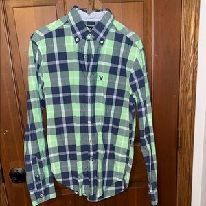 American Eagle Men's Green and Blue Plaid Shirt